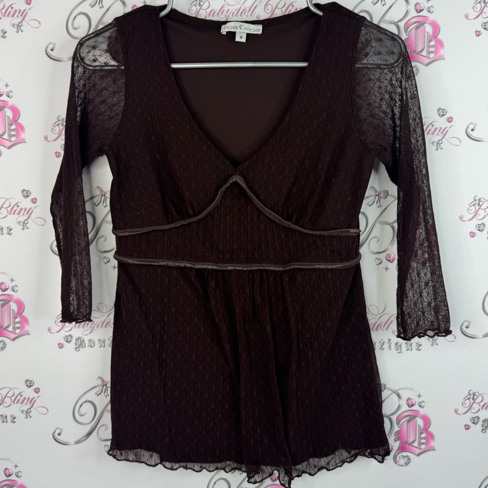 Moa Moa long sleeve polka dot bustier y2k Chocolate V-Neck Blouse